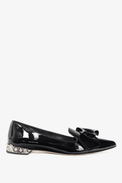 Miu Miu Black Patent Jewel-Heel Bow Pointed-Toe Flats