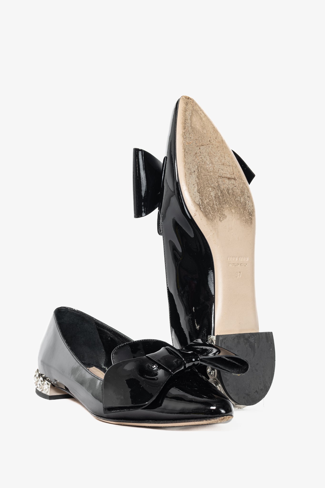 Miu Miu Black Patent Jewel-Heel Bow Pointed-Toe Flats