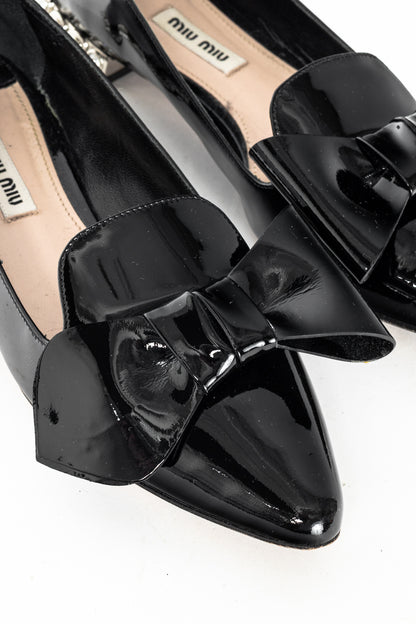 Miu Miu Black Patent Jewel-Heel Bow Pointed-Toe Flats