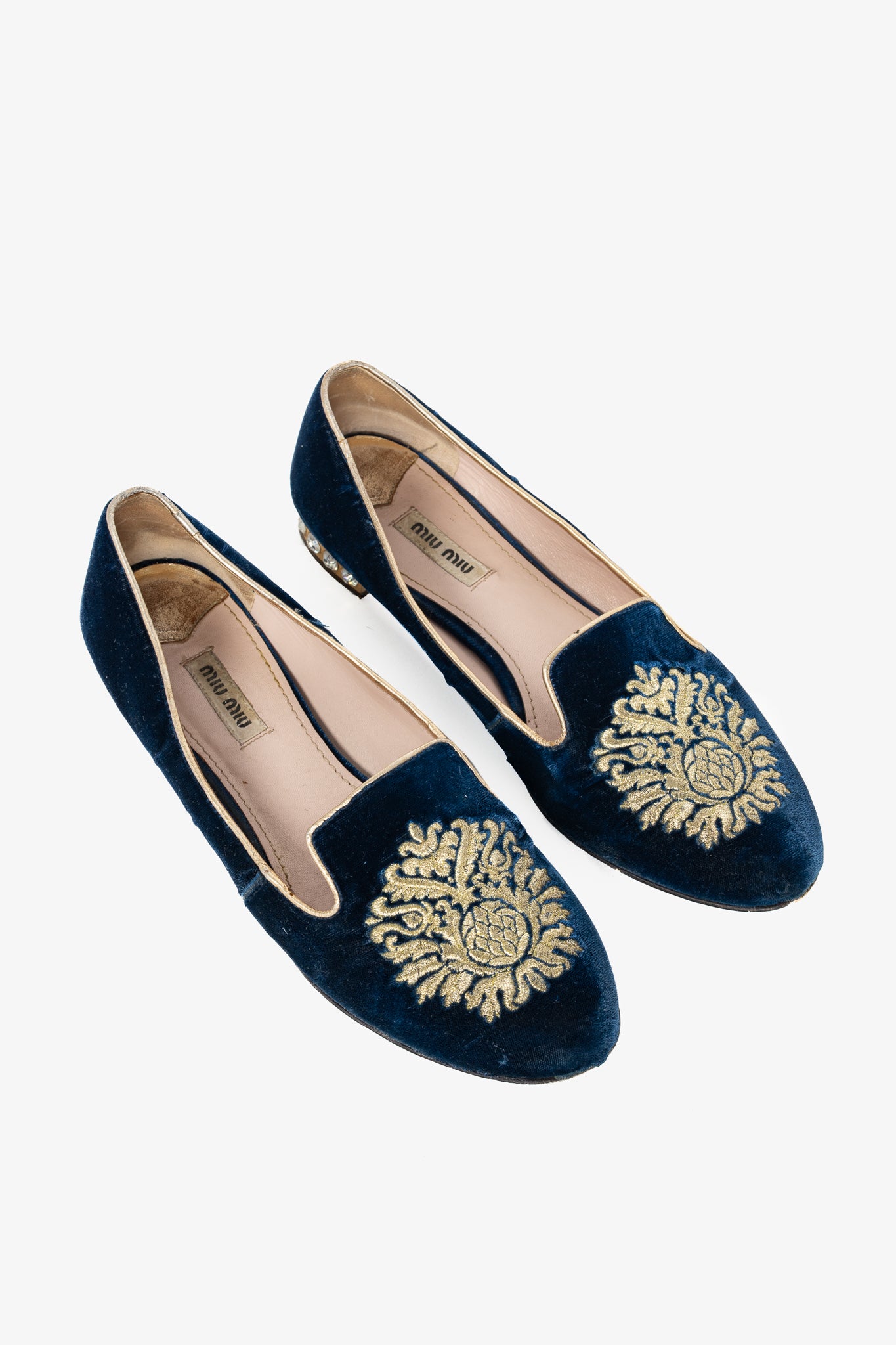 Miu Miu PF12 Blue Velvet Embroidered Crystal-Heel Loafers