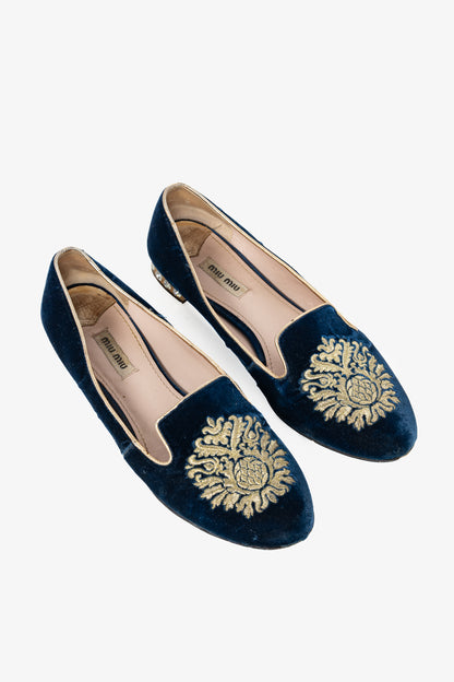 Miu Miu PF12 Blue Velvet Embroidered Crystal-Heel Loafers