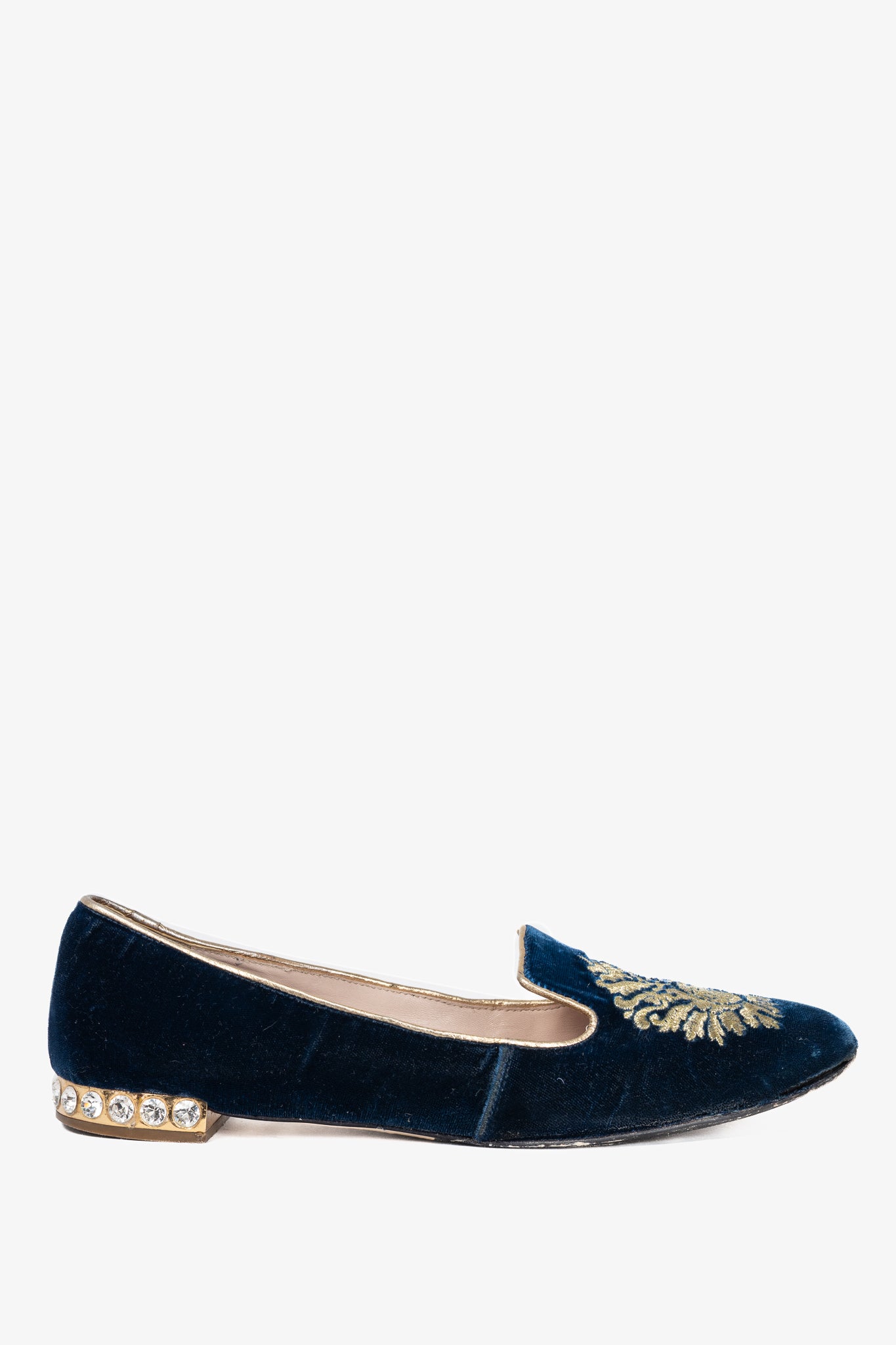 Miu Miu PF12 Blue Velvet Embroidered Crystal-Heel Loafers