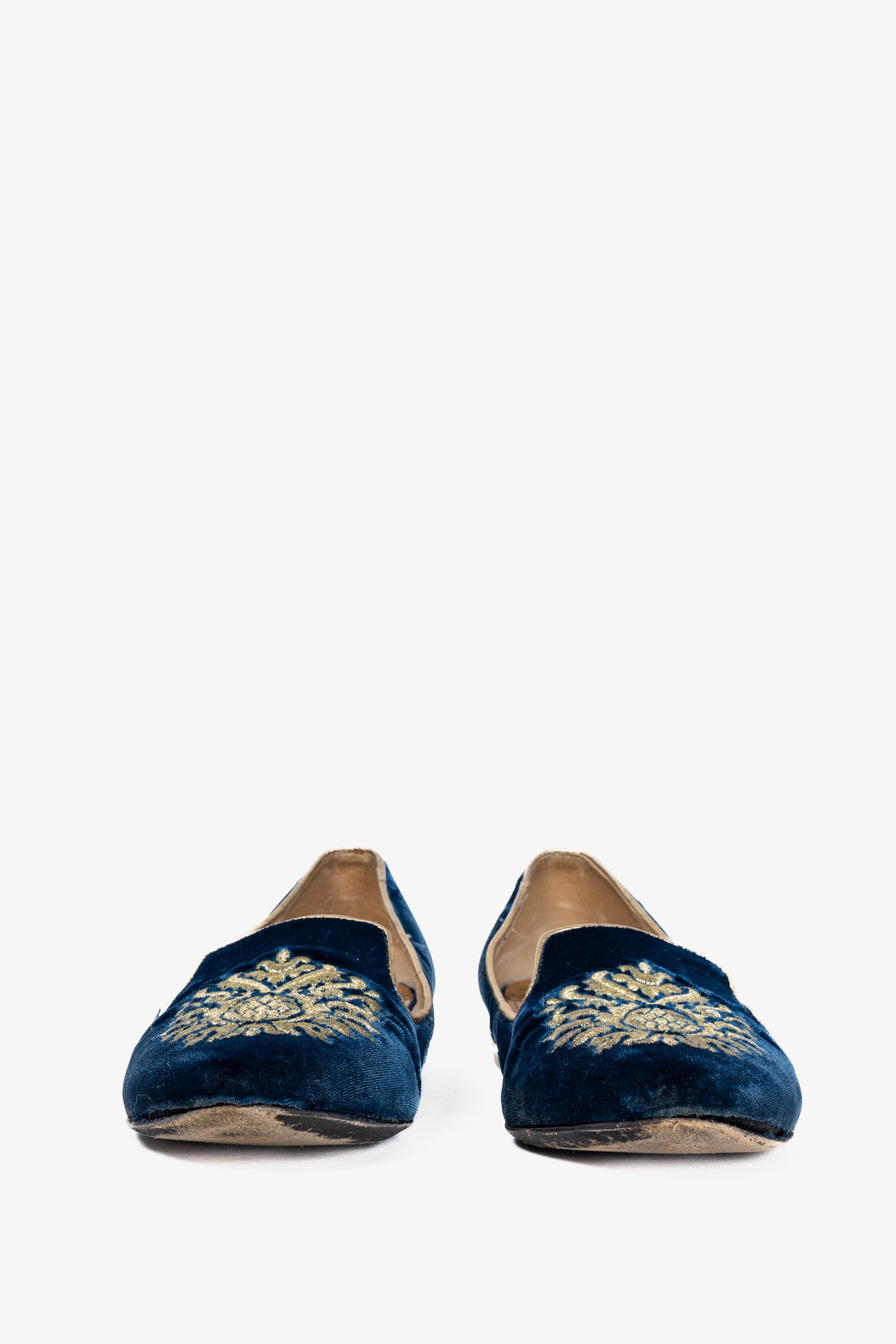 Miu Miu PF12 Blue Velvet Embroidered Crystal-Heel Loafers