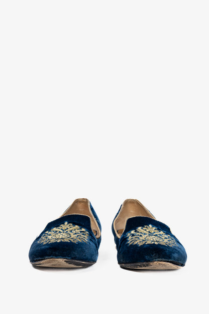 Miu Miu PF12 Blue Velvet Embroidered Crystal-Heel Loafers