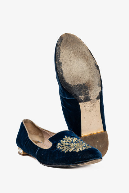 Miu Miu PF12 Blue Velvet Embroidered Crystal-Heel Loafers