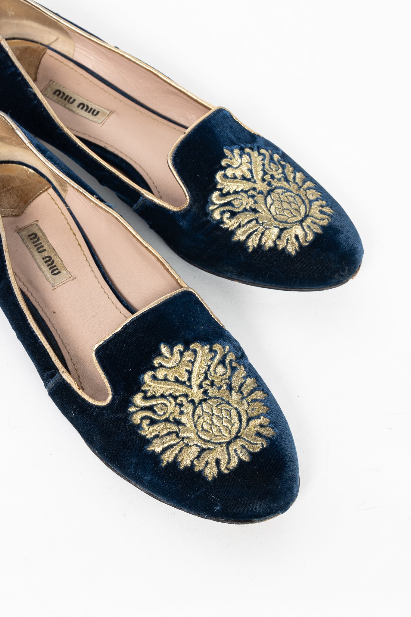 Miu Miu PF12 Blue Velvet Embroidered Crystal-Heel Loafers
