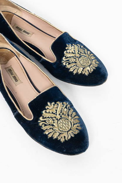 Miu Miu PF12 Blue Velvet Embroidered Crystal-Heel Loafers
