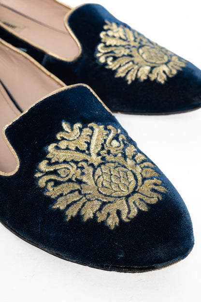 Miu Miu PF12 Blue Velvet Embroidered Crystal-Heel Loafers