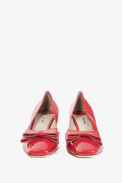 Miu Miu Raspberry Vernice-Leather Bow Crystal-Heel Pumps