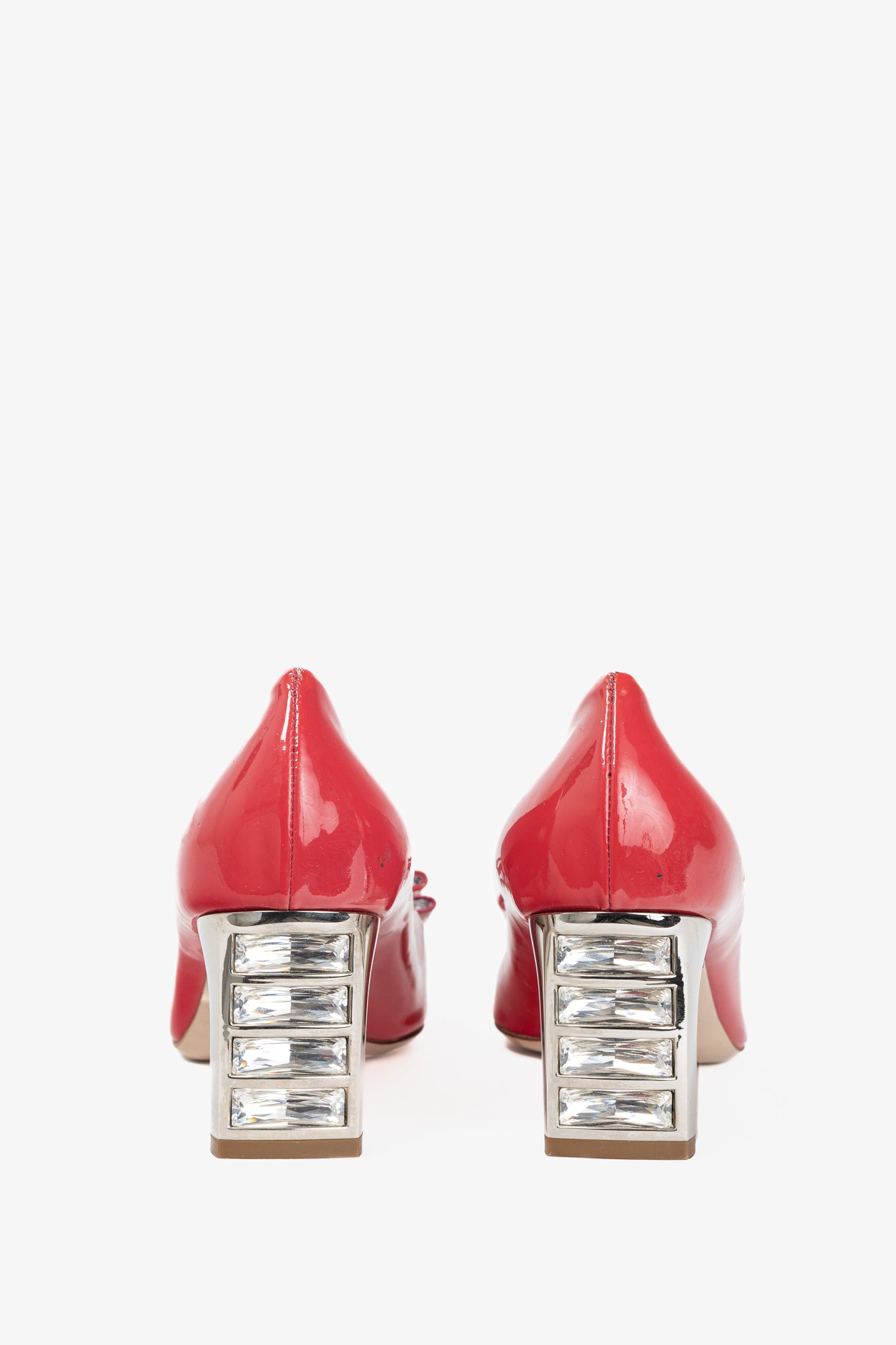 Miu Miu Raspberry Vernice-Leather Bow Crystal-Heel Pumps