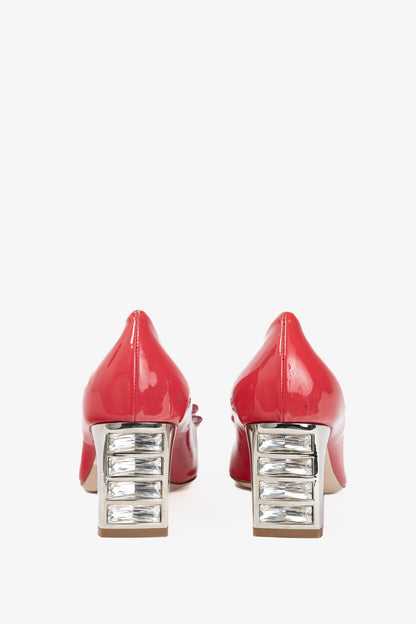 Miu Miu Raspberry Vernice-Leather Bow Crystal-Heel Pumps