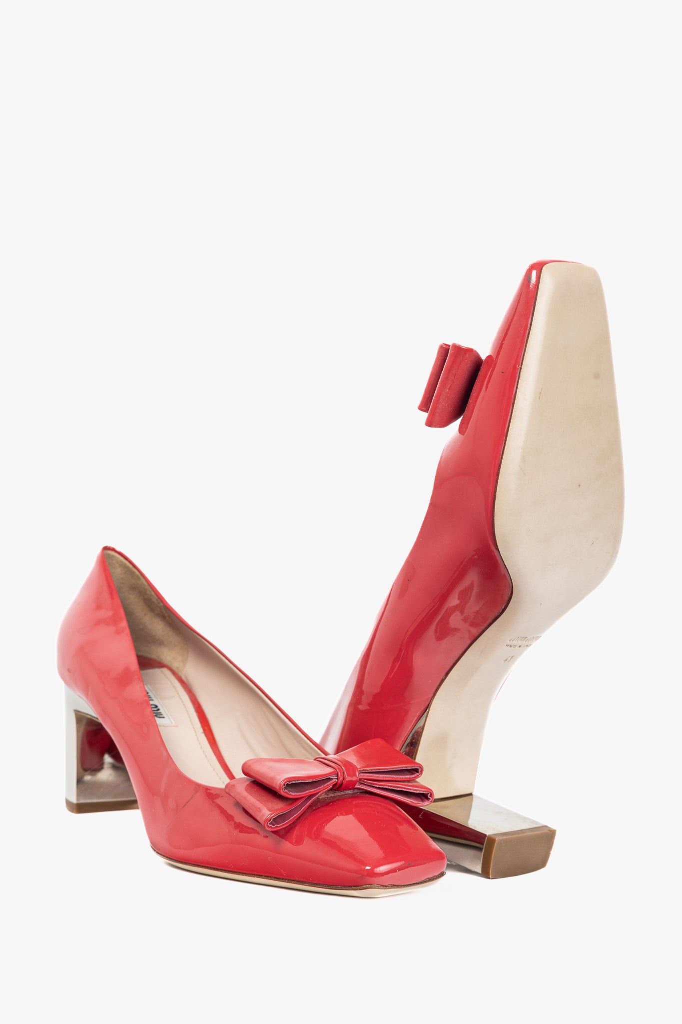 Miu Miu Raspberry Vernice-Leather Bow Crystal-Heel Pumps
