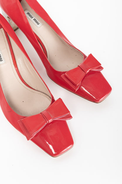 Miu Miu Raspberry Vernice-Leather Bow Crystal-Heel Pumps
