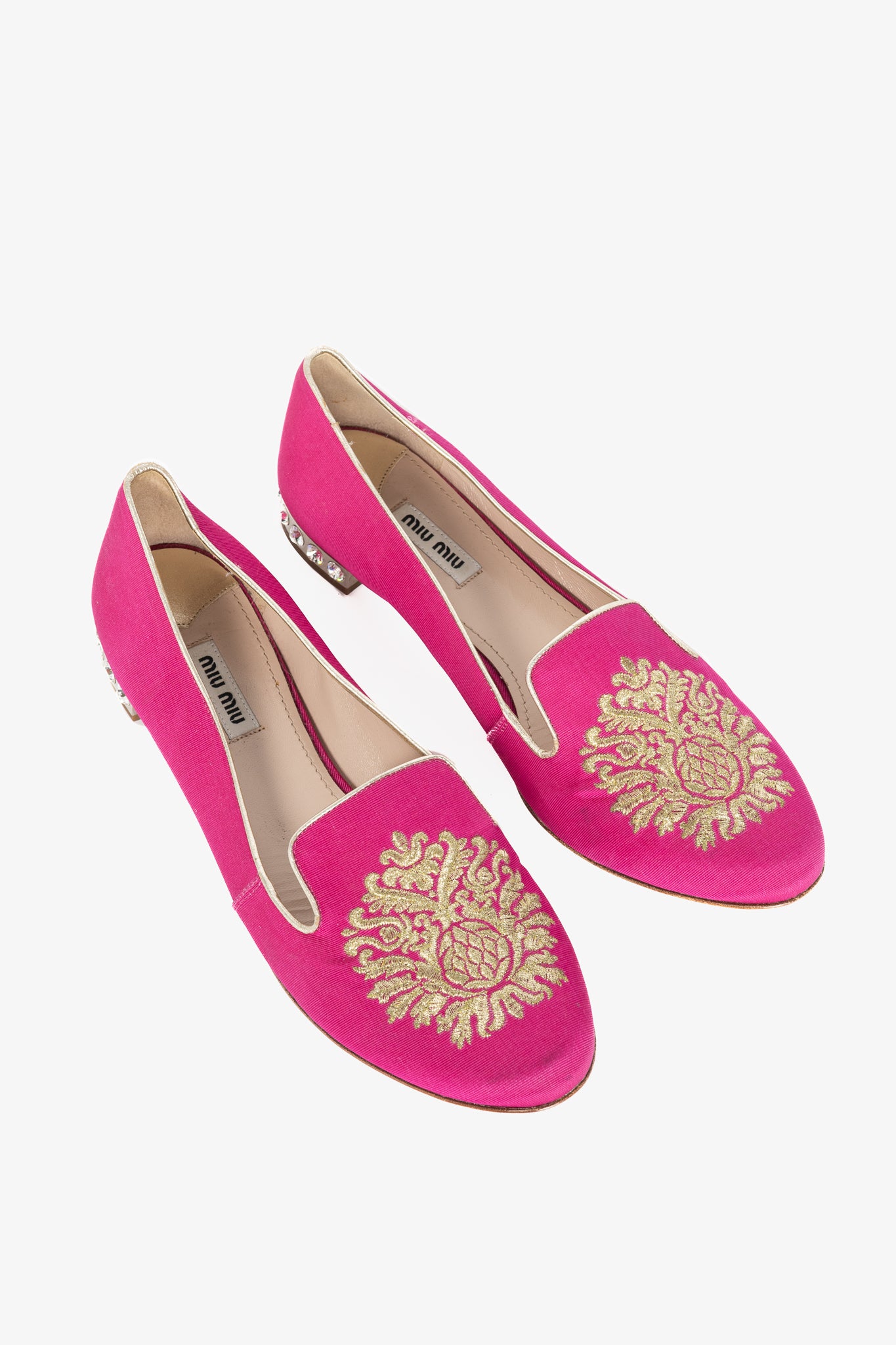 Miu Miu PF12 Pink Embroidered Crystal-Heel Loafers