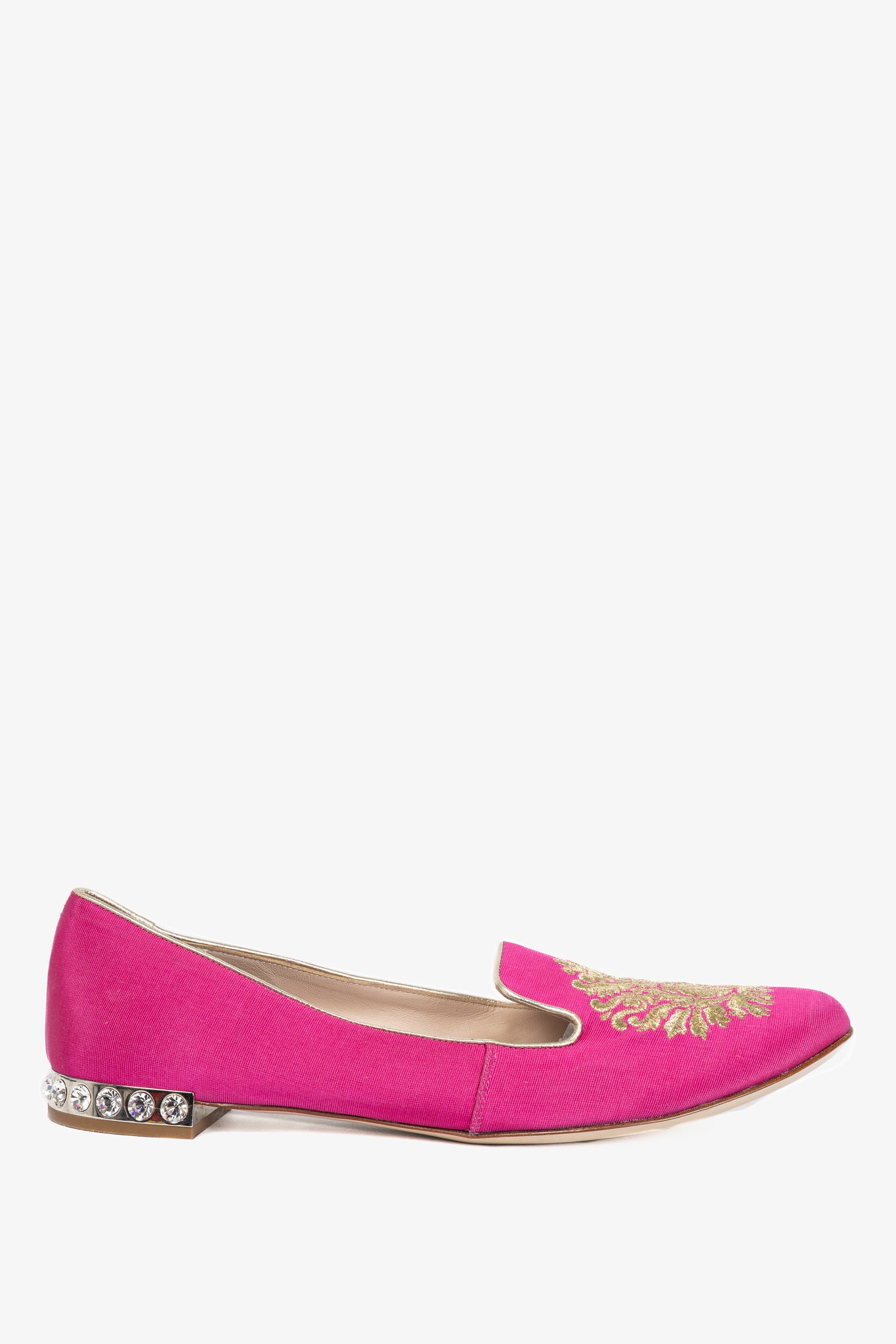 Miu Miu PF12 Pink Embroidered Crystal-Heel Loafers