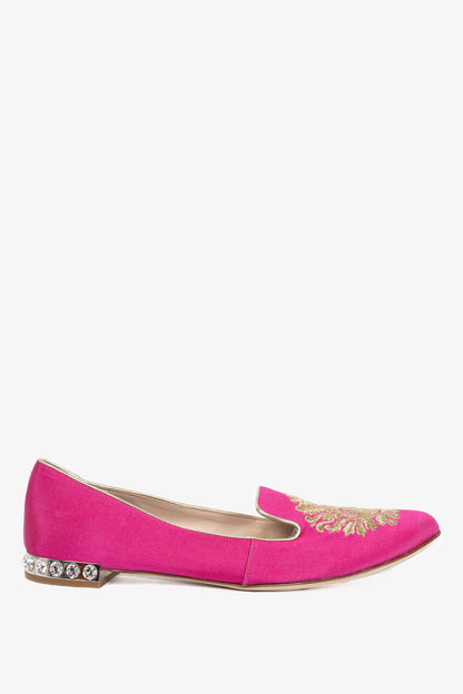 Miu Miu PF12 Pink Embroidered Crystal-Heel Loafers