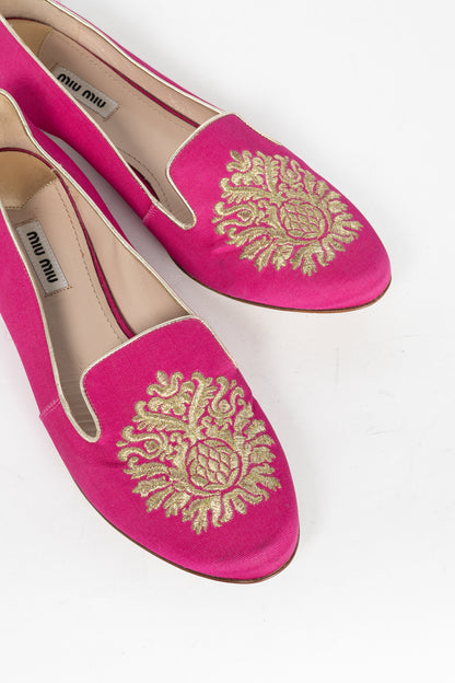 Miu Miu PF12 Pink Embroidered Crystal-Heel Loafers