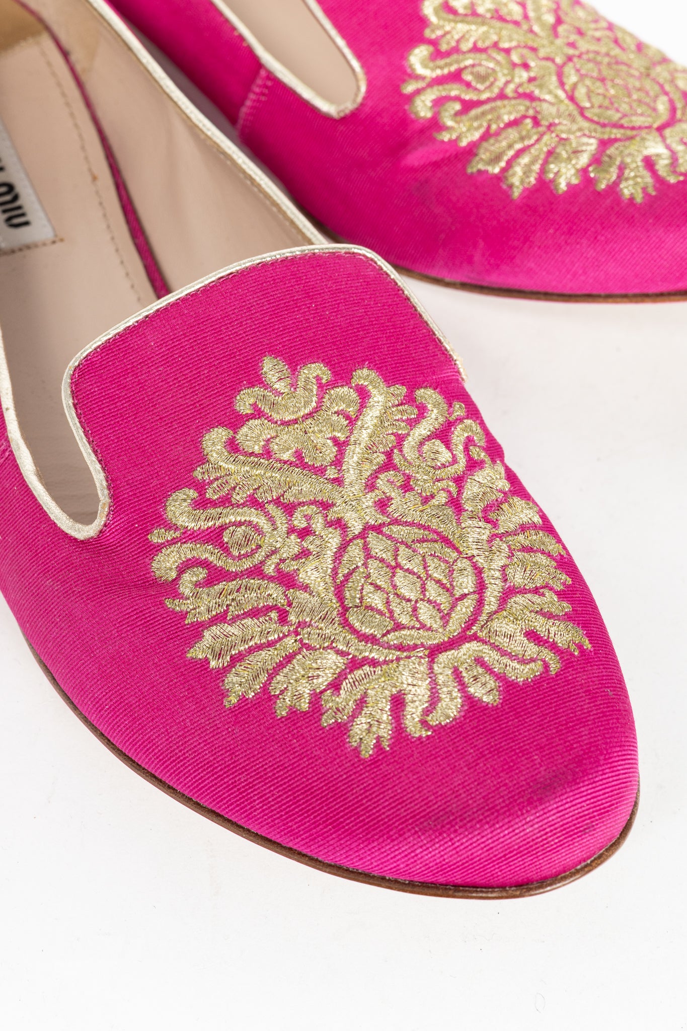 Miu Miu PF12 Pink Embroidered Crystal-Heel Loafers