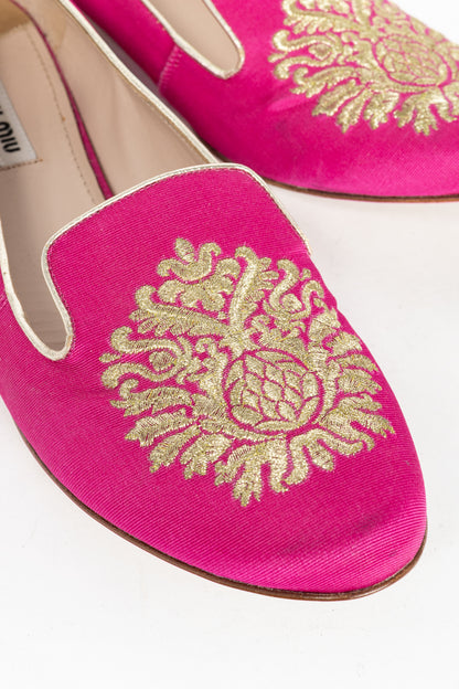 Miu Miu PF12 Pink Embroidered Crystal-Heel Loafers