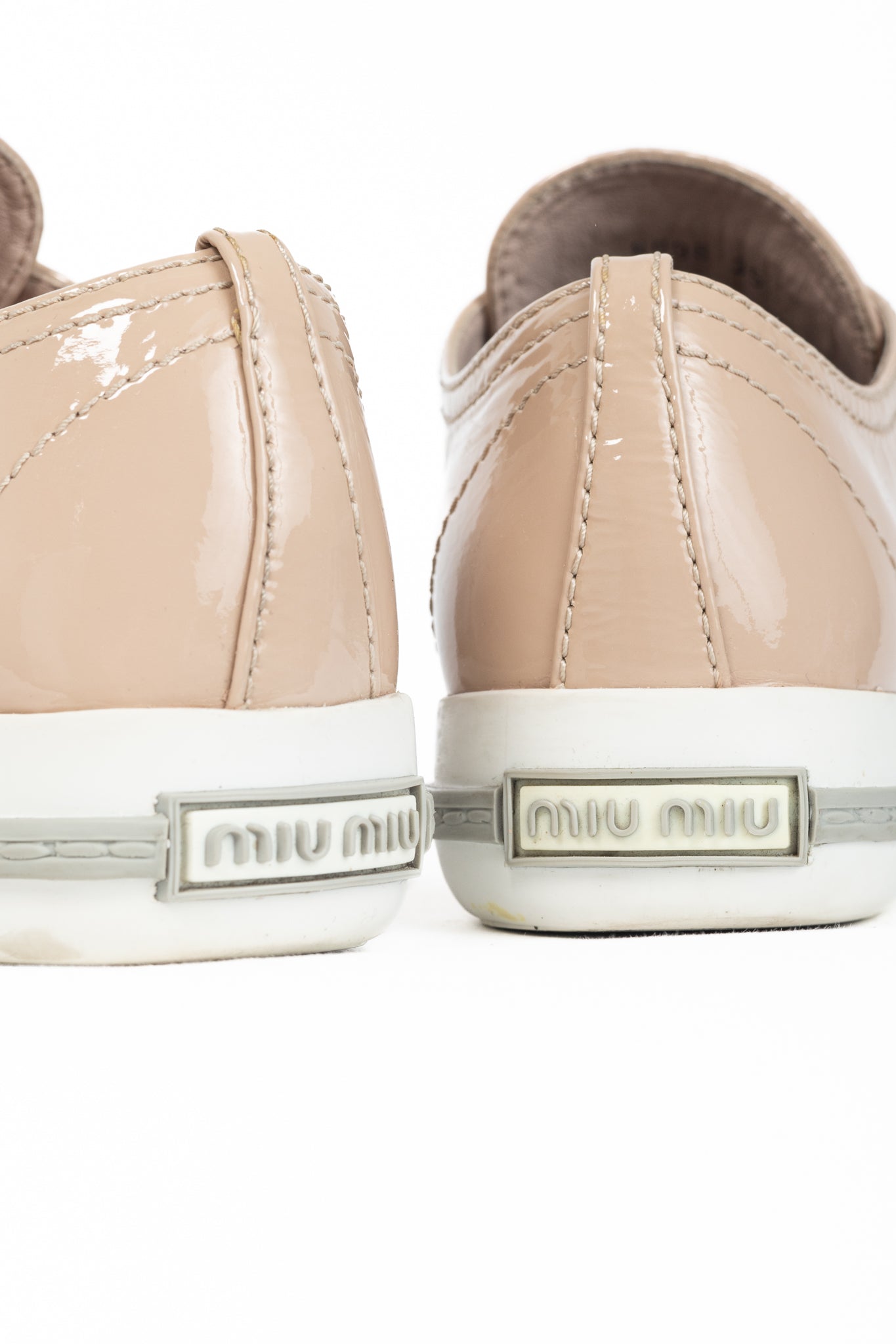 Miu Miu Nude Patent-Leather Cap-Toe Lace-Up Sneakers