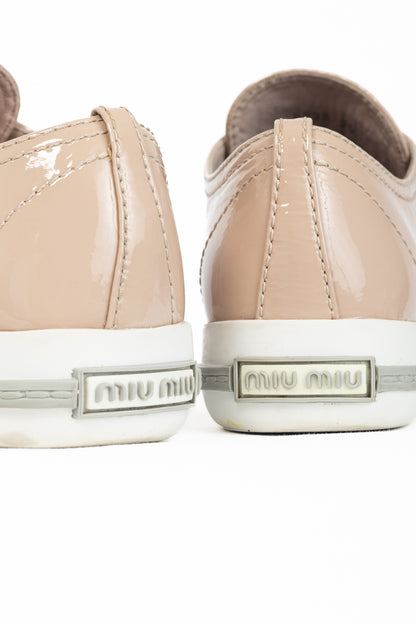 Miu Miu Nude Patent-Leather Cap-Toe Lace-Up Sneakers