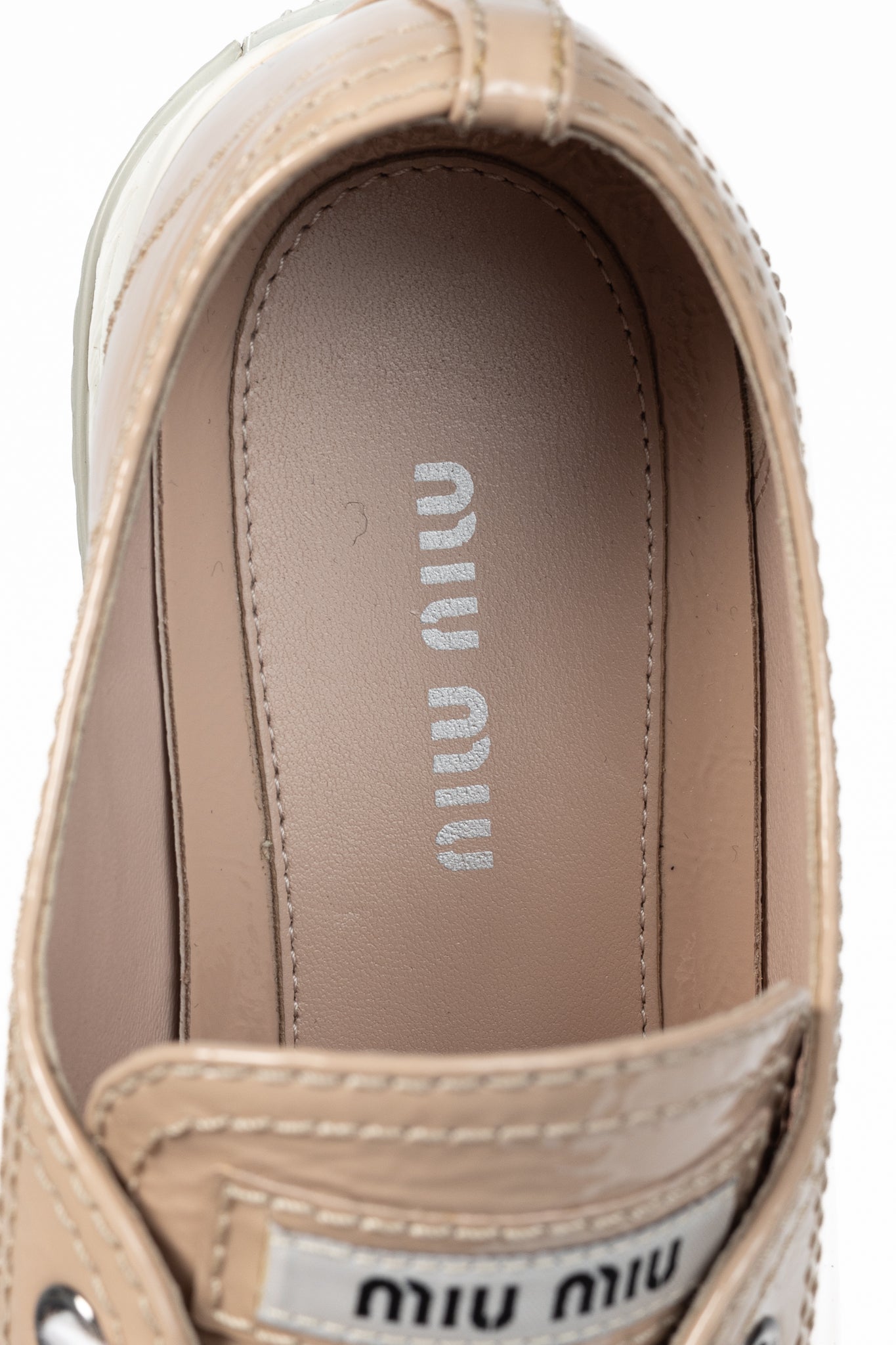 Miu Miu Nude Patent-Leather Cap-Toe Lace-Up Sneakers