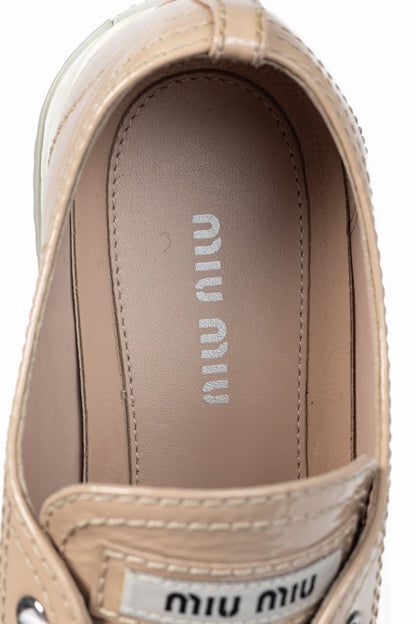 Miu Miu Nude Patent-Leather Cap-Toe Lace-Up Sneakers