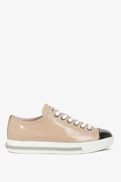 Miu Miu Nude Patent-Leather Cap-Toe Lace-Up Sneakers