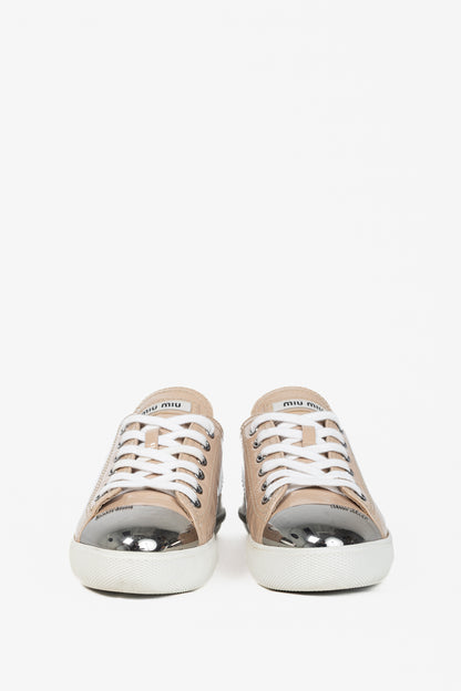 Miu Miu Nude Patent-Leather Cap-Toe Lace-Up Sneakers