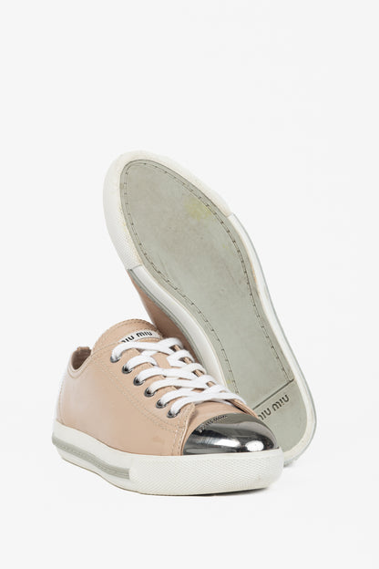 Miu Miu Nude Patent-Leather Cap-Toe Lace-Up Sneakers