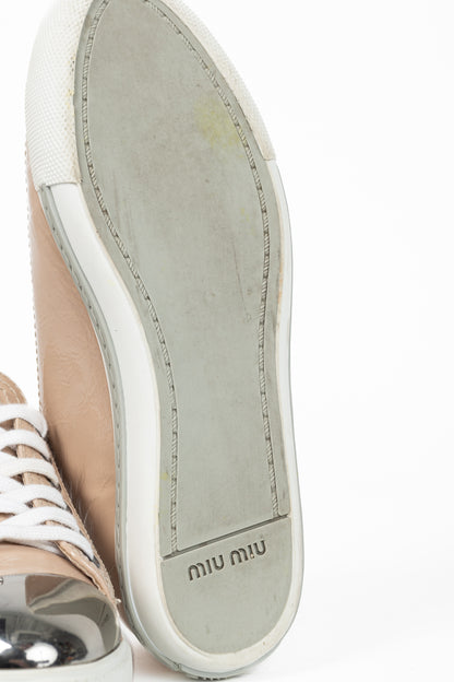 Miu Miu Nude Patent-Leather Cap-Toe Lace-Up Sneakers