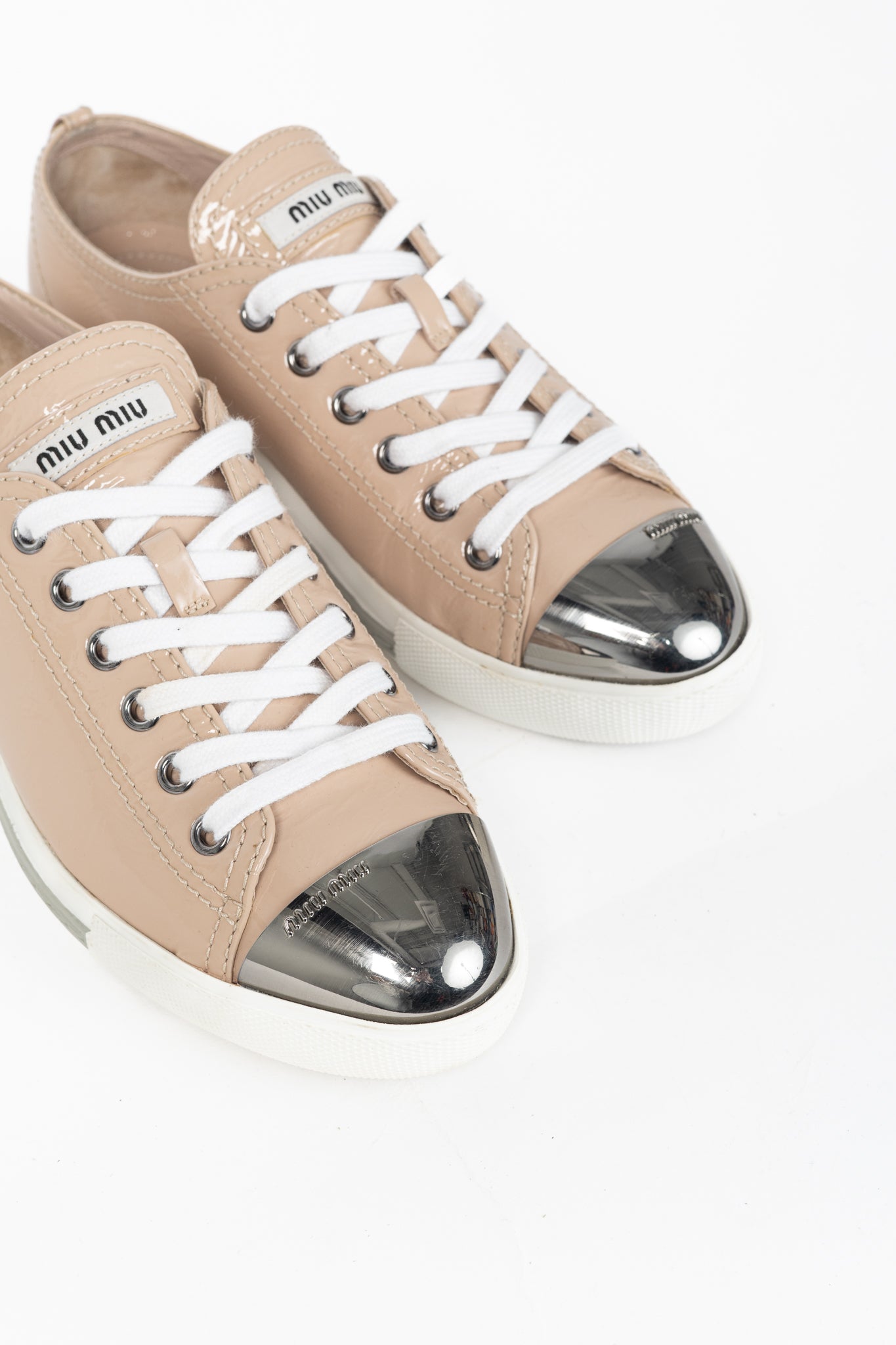 Miu Miu Nude Patent-Leather Cap-Toe Lace-Up Sneakers