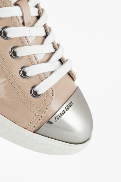 Miu Miu Nude Patent-Leather Cap-Toe Lace-Up Sneakers