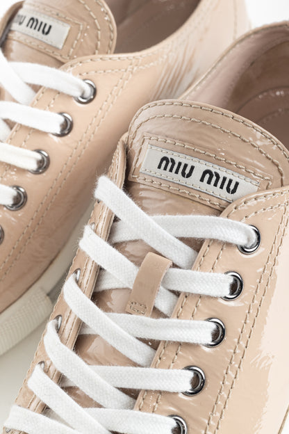 Miu Miu Nude Patent-Leather Cap-Toe Lace-Up Sneakers
