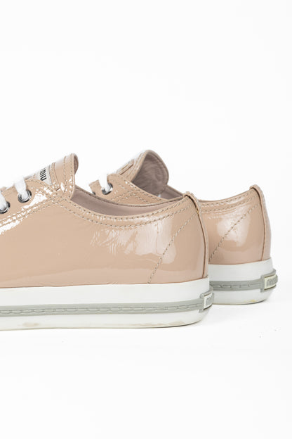 Miu Miu Nude Patent-Leather Cap-Toe Lace-Up Sneakers