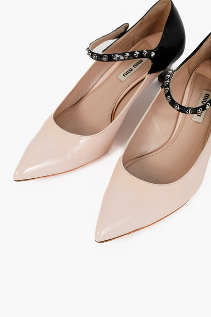 Miu Miu Light Pink & Black Bicolor Studded Mary Janes
