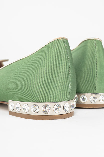 Miu Miu PF12 Green Embroidered Crystal-Heel Loafers