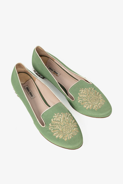 Miu Miu PF12 Green Embroidered Crystal-Heel Loafers