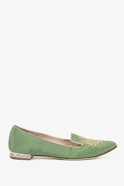 Miu Miu PF12 Green Embroidered Crystal-Heel Loafers