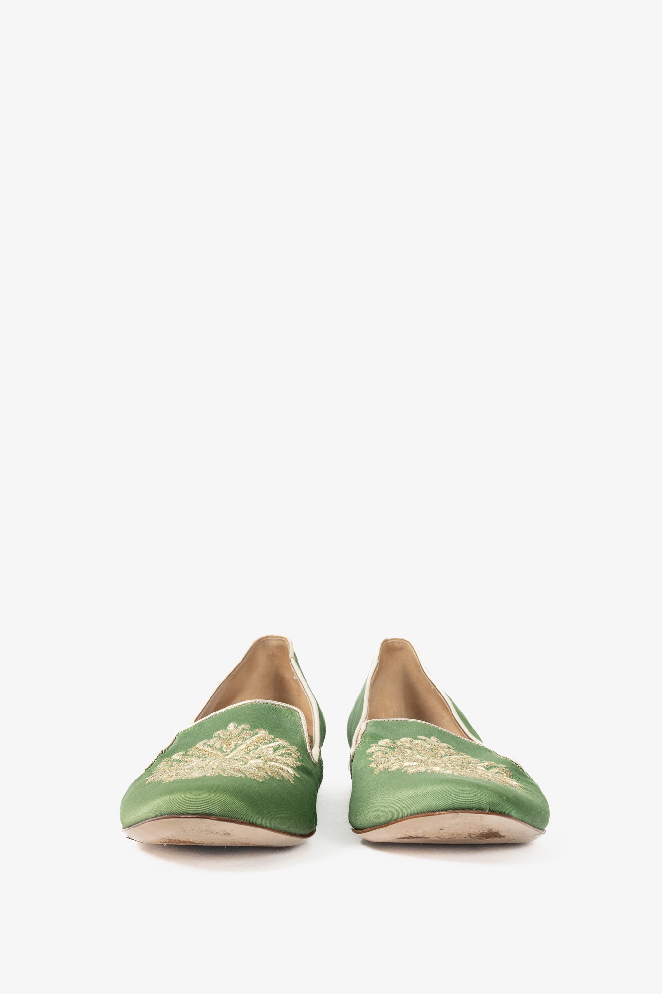 Miu Miu PF12 Green Embroidered Crystal-Heel Loafers