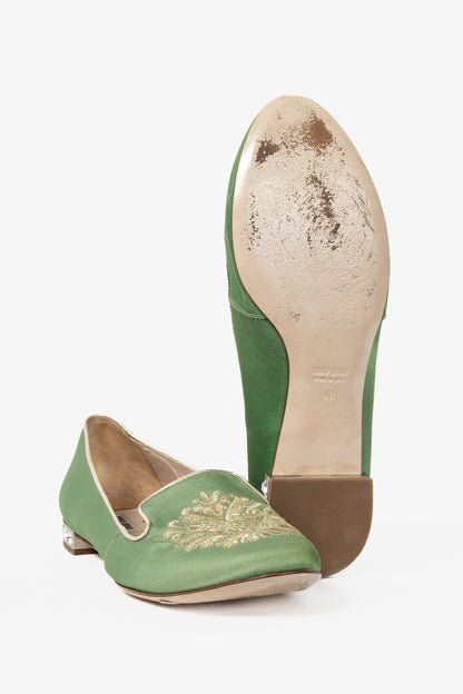 Miu Miu PF12 Green Embroidered Crystal-Heel Loafers