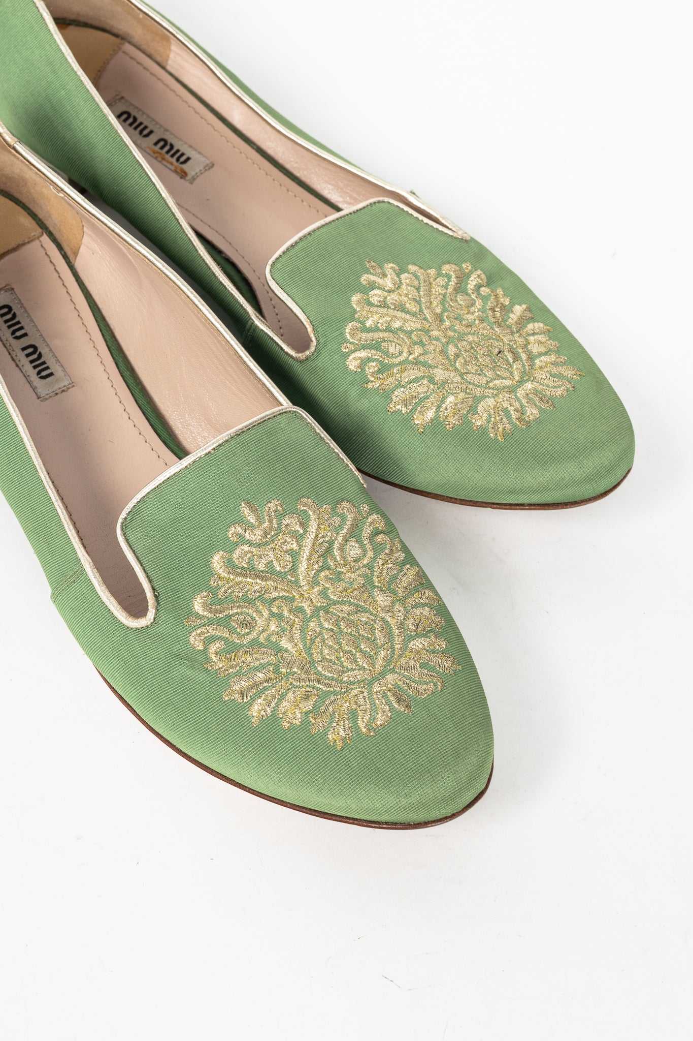 Miu Miu PF12 Green Embroidered Crystal-Heel Loafers