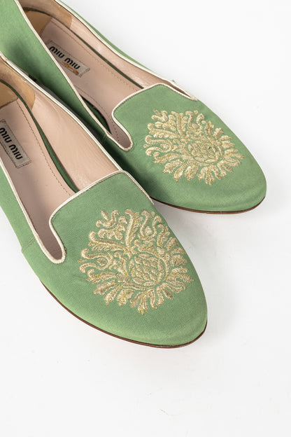 Miu Miu PF12 Green Embroidered Crystal-Heel Loafers