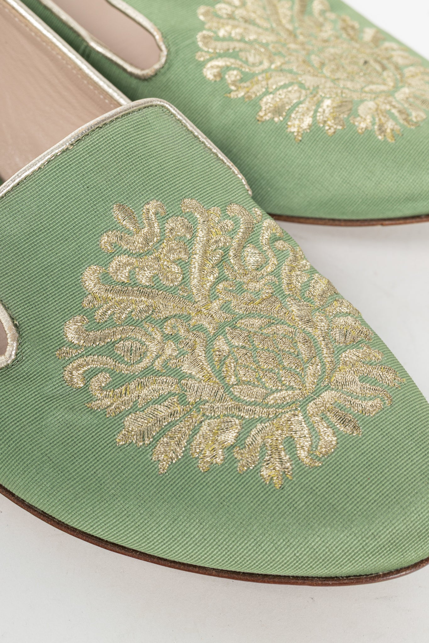 Miu Miu PF12 Green Embroidered Crystal-Heel Loafers