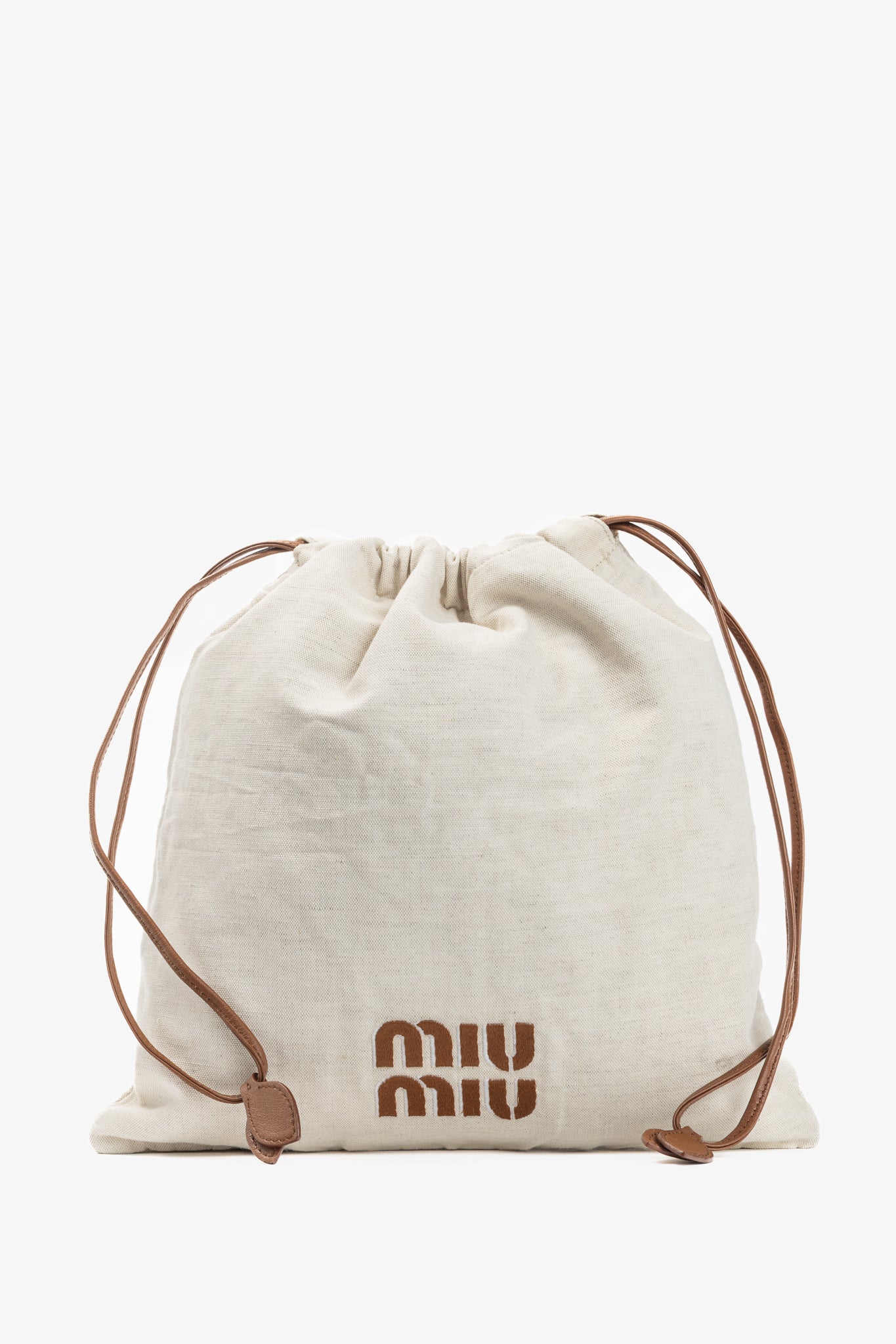 Miu Miu SS/24 Beige Canvas Logo-Embroidered Drawstring Pouch