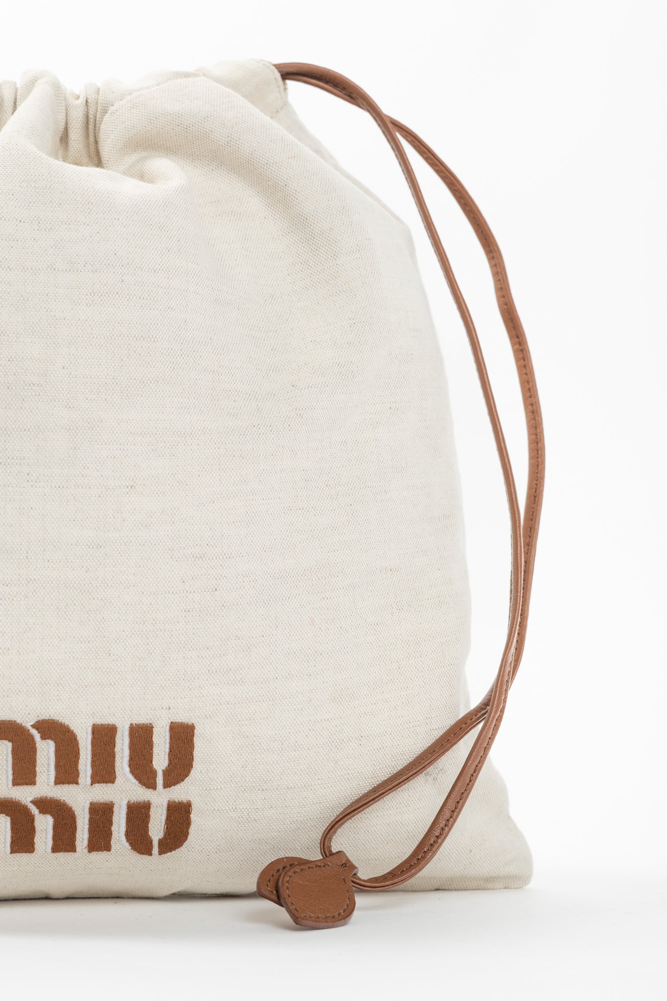 Miu Miu SS/24 Beige Canvas Logo-Embroidered Drawstring Pouch