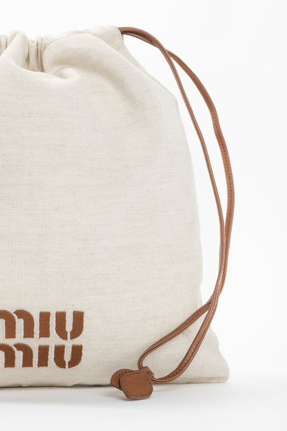 Miu Miu SS/24 Beige Canvas Logo-Embroidered Drawstring Pouch