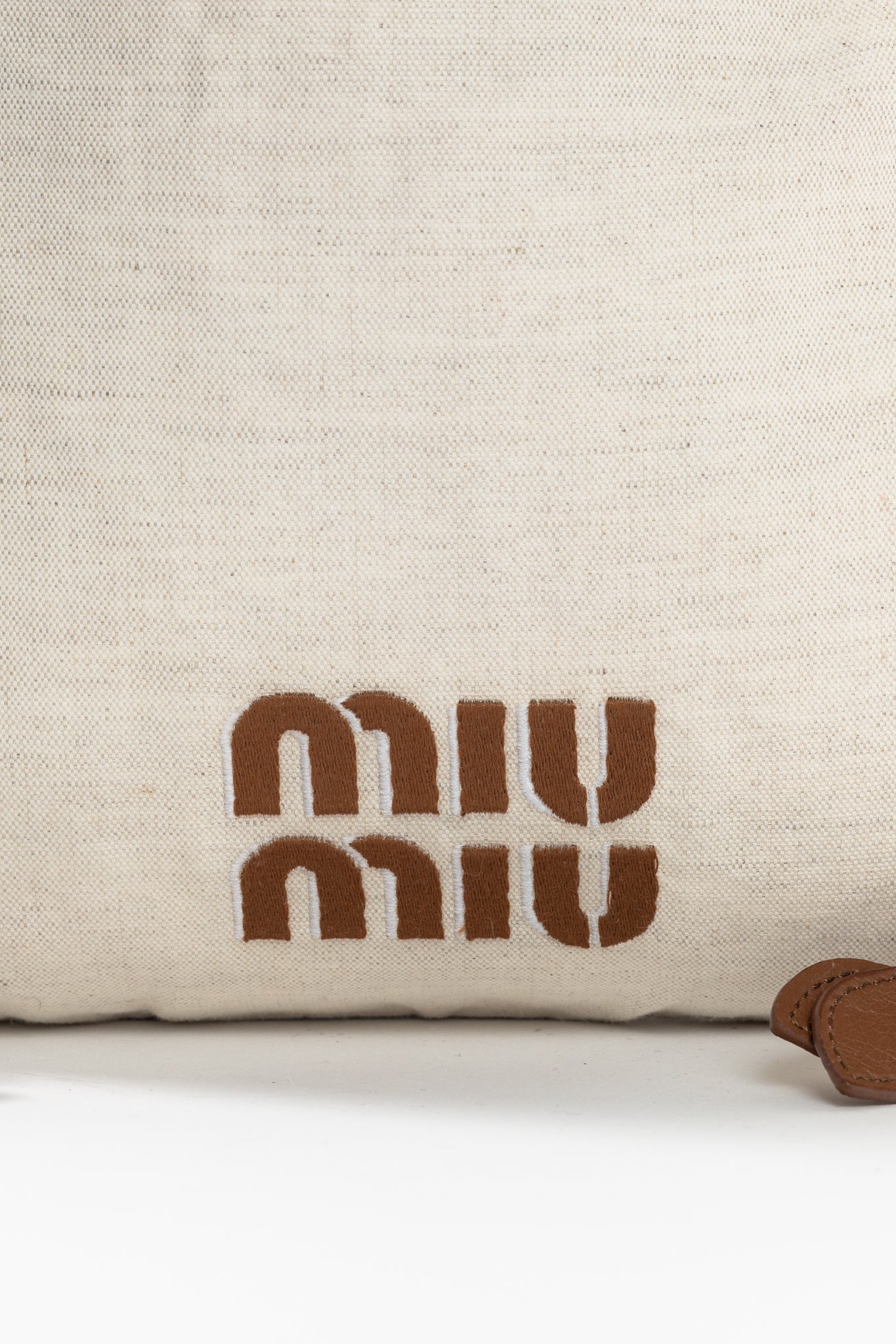 Miu Miu SS/24 Beige Canvas Logo-Embroidered Drawstring Pouch