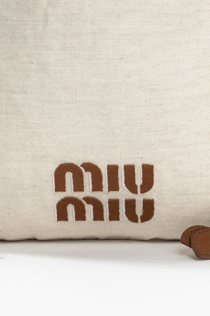 Miu Miu SS/24 Beige Canvas Logo-Embroidered Drawstring Pouch