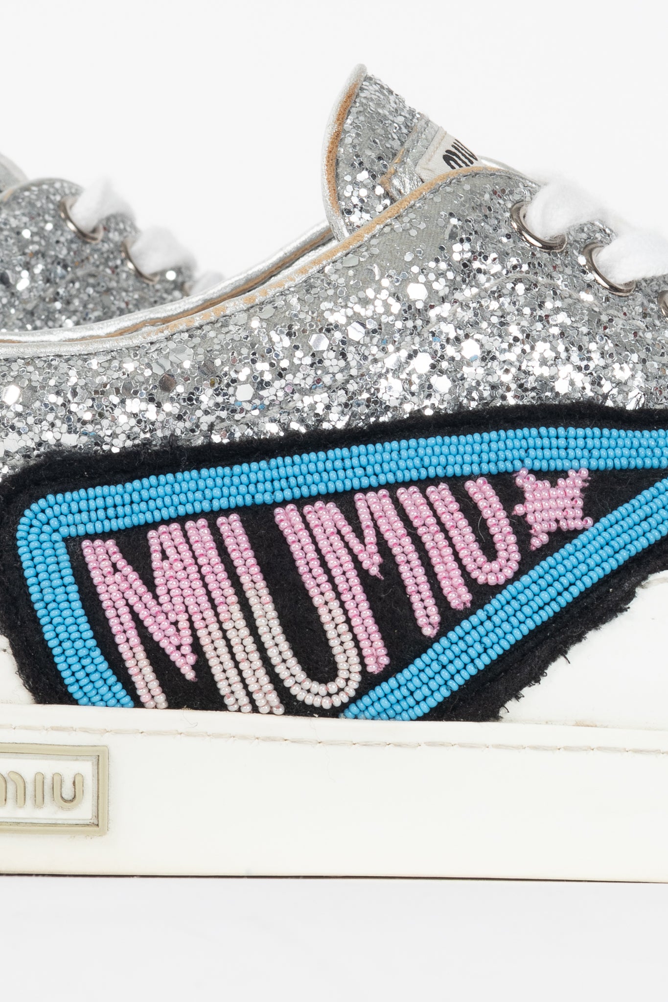 Miu Miu Silver Glitter Beaded Low-Top Lace-Up Sneakers